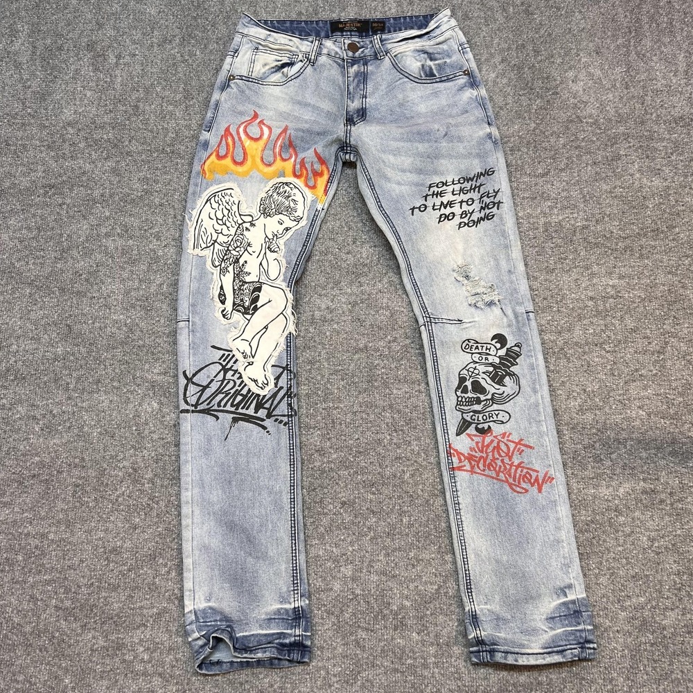 Majestik Jeans Mens 30 Blue Light Wash Slim Straight Tattoo Skull Angel Graphic